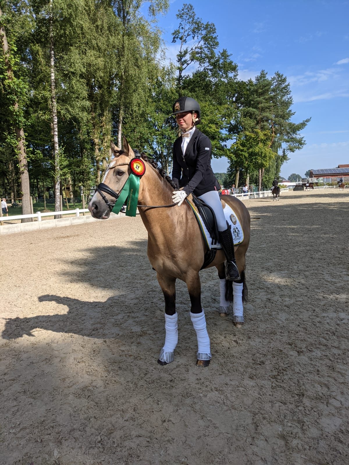 Janne auf dem falbfarbenen Pony Diamantini EA WE mit Schleife beim Bundeschampionat